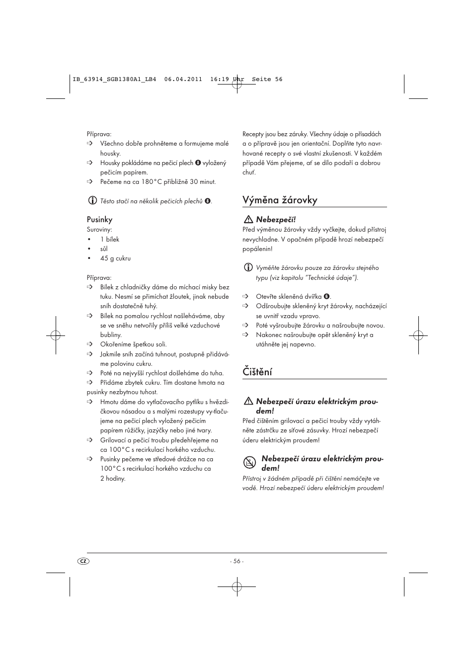 Výměna žárovky, Čištění, Pusinky | Nebezpečí, Nebezpečí úrazu elektrickým prou- dem | Silvercrest SGB 1380 B2 User Manual | Page 58 / 86