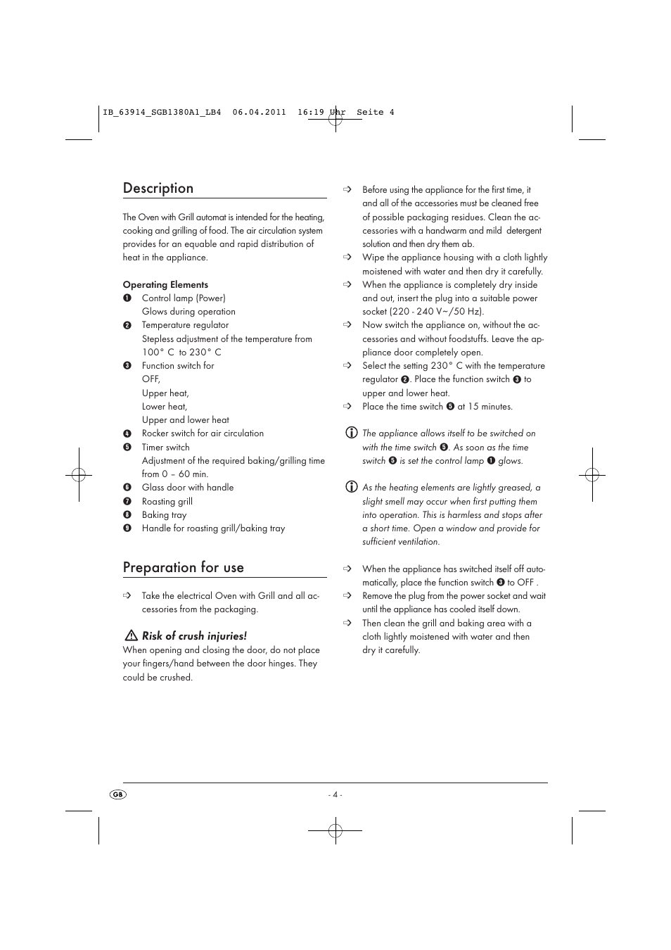 Description, Preparation for use, Risk of crush injuries | Silvercrest SGB 1380 B2 User Manual | Page 6 / 86