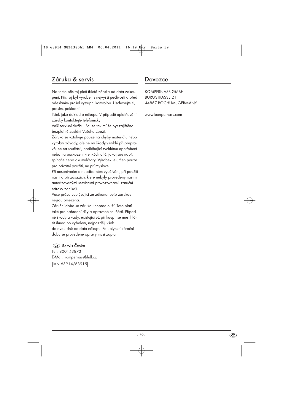 Záruka & servis, Dovozce | Silvercrest SGB 1380 B2 User Manual | Page 61 / 86