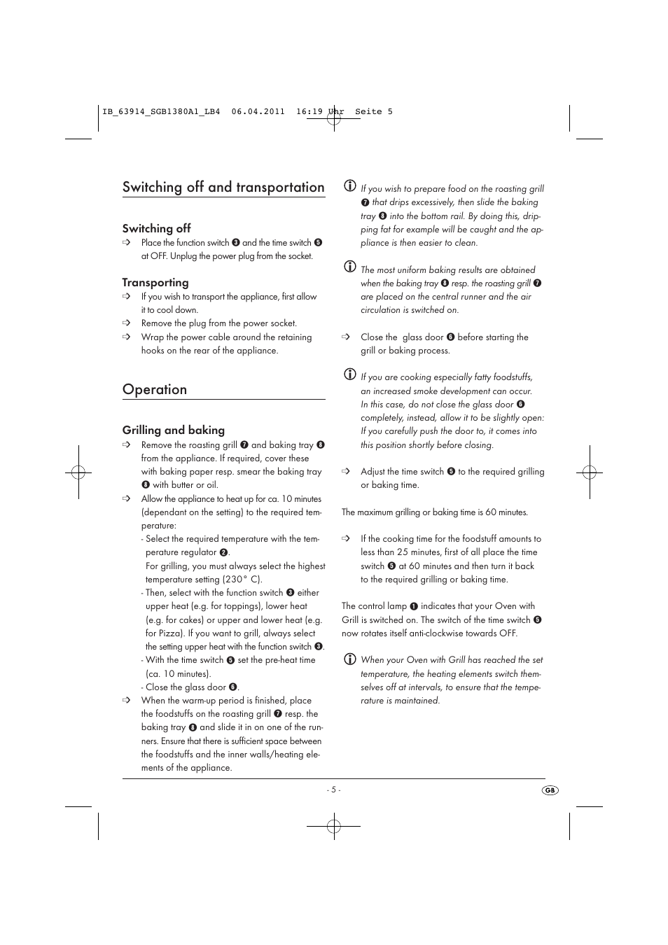 Switching off and transportation, Operation, Switching off | Transporting, Grilling and baking | Silvercrest SGB 1380 B2 User Manual | Page 7 / 86