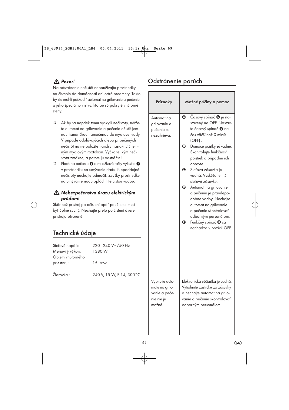 Technické údaje, Odstránenie porúch, Pozor | Nebezpečenstvo úrazu elektrickým prúdom | Silvercrest SGB 1380 B2 User Manual | Page 71 / 86