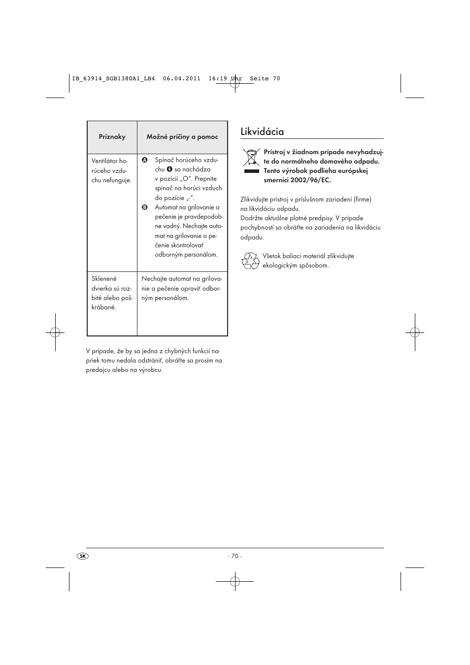 Likvidácia | Silvercrest SGB 1380 B2 User Manual | Page 72 / 86