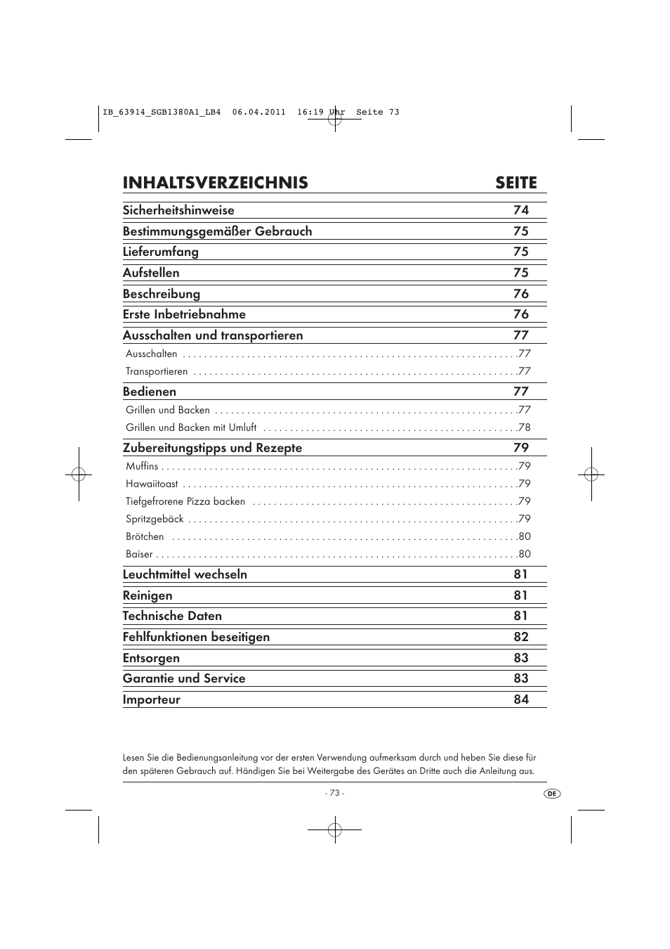 Inhaltsverzeichnis seite | Silvercrest SGB 1380 B2 User Manual | Page 75 / 86