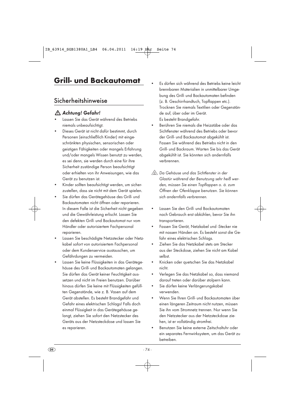 Grill- und backautomat, Sicherheitshinweise, Achtung! gefahr | Silvercrest SGB 1380 B2 User Manual | Page 76 / 86