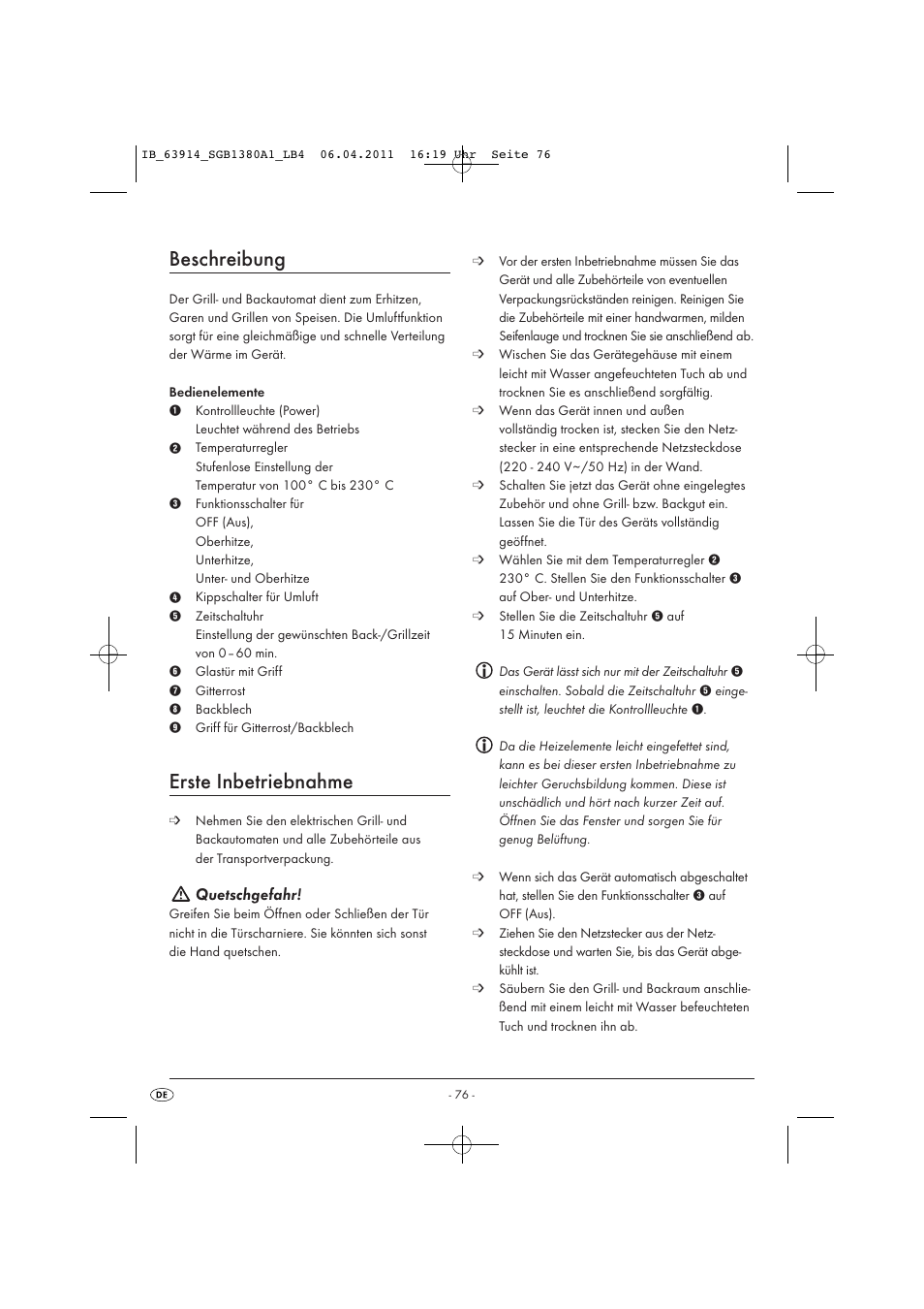 Beschreibung, Erste inbetriebnahme, Quetschgefahr | Silvercrest SGB 1380 B2 User Manual | Page 78 / 86