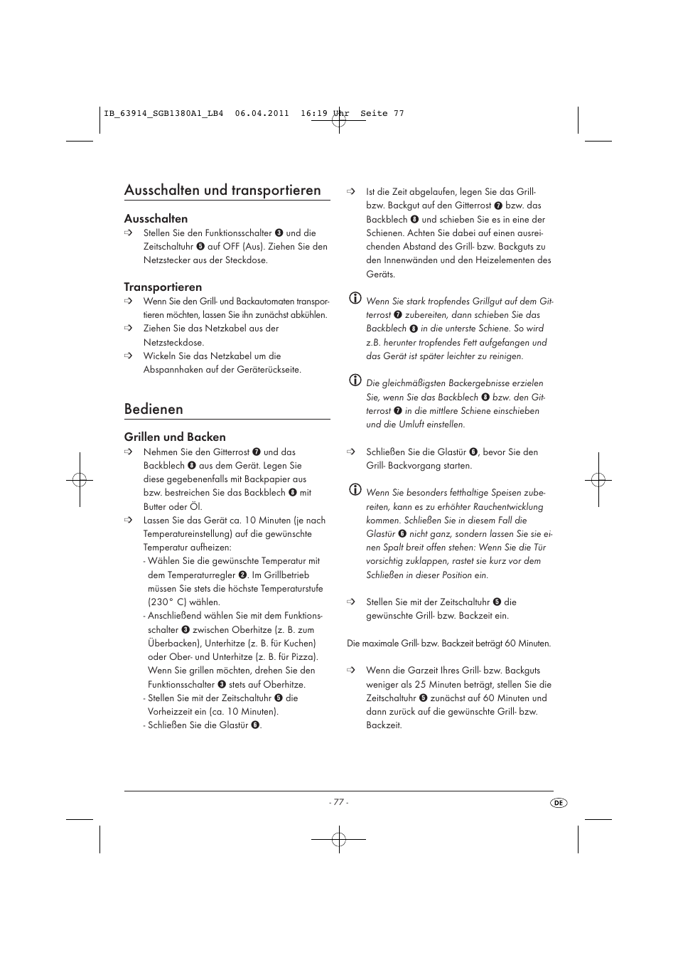 Ausschalten und transportieren, Bedienen, Ausschalten | Transportieren, Grillen und backen | Silvercrest SGB 1380 B2 User Manual | Page 79 / 86