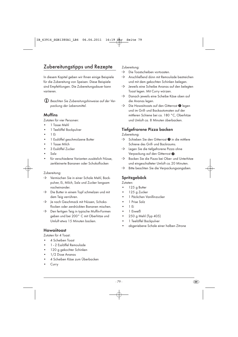 Zubereitungstipps und rezepte, Muffins, Hawaiitoast | Tiefgefrorene pizza backen, Spritzgebäck | Silvercrest SGB 1380 B2 User Manual | Page 81 / 86