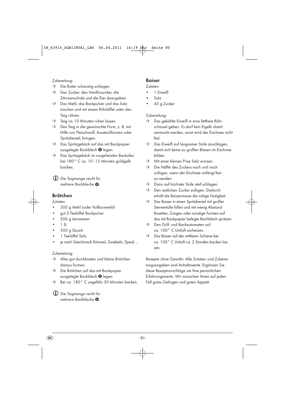 Brötchen, Baiser | Silvercrest SGB 1380 B2 User Manual | Page 82 / 86