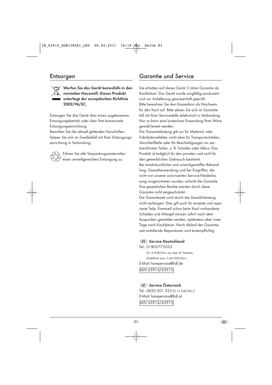 Entsorgen, Garantie und service | Silvercrest SGB 1380 B2 User Manual | Page 85 / 86