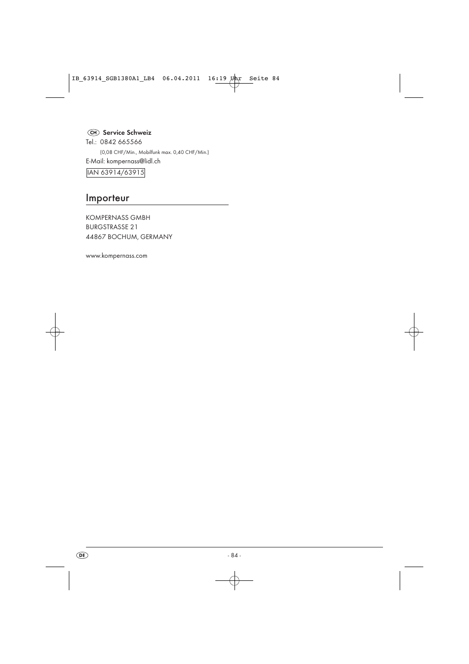 Importeur | Silvercrest SGB 1380 B2 User Manual | Page 86 / 86