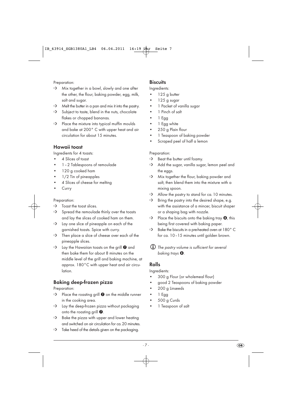 Hawaii toast, Baking deep-frozen pizza, Biscuits | Rolls | Silvercrest SGB 1380 B2 User Manual | Page 9 / 86