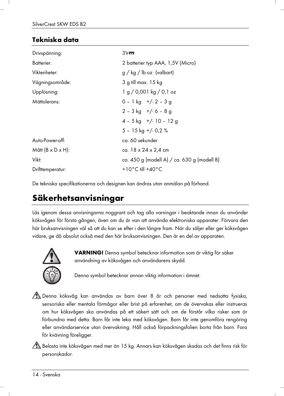 Säkerhetsanvisningar, Tekniska data | Silvercrest SKW EDS B2 User Manual | Page 16 / 54