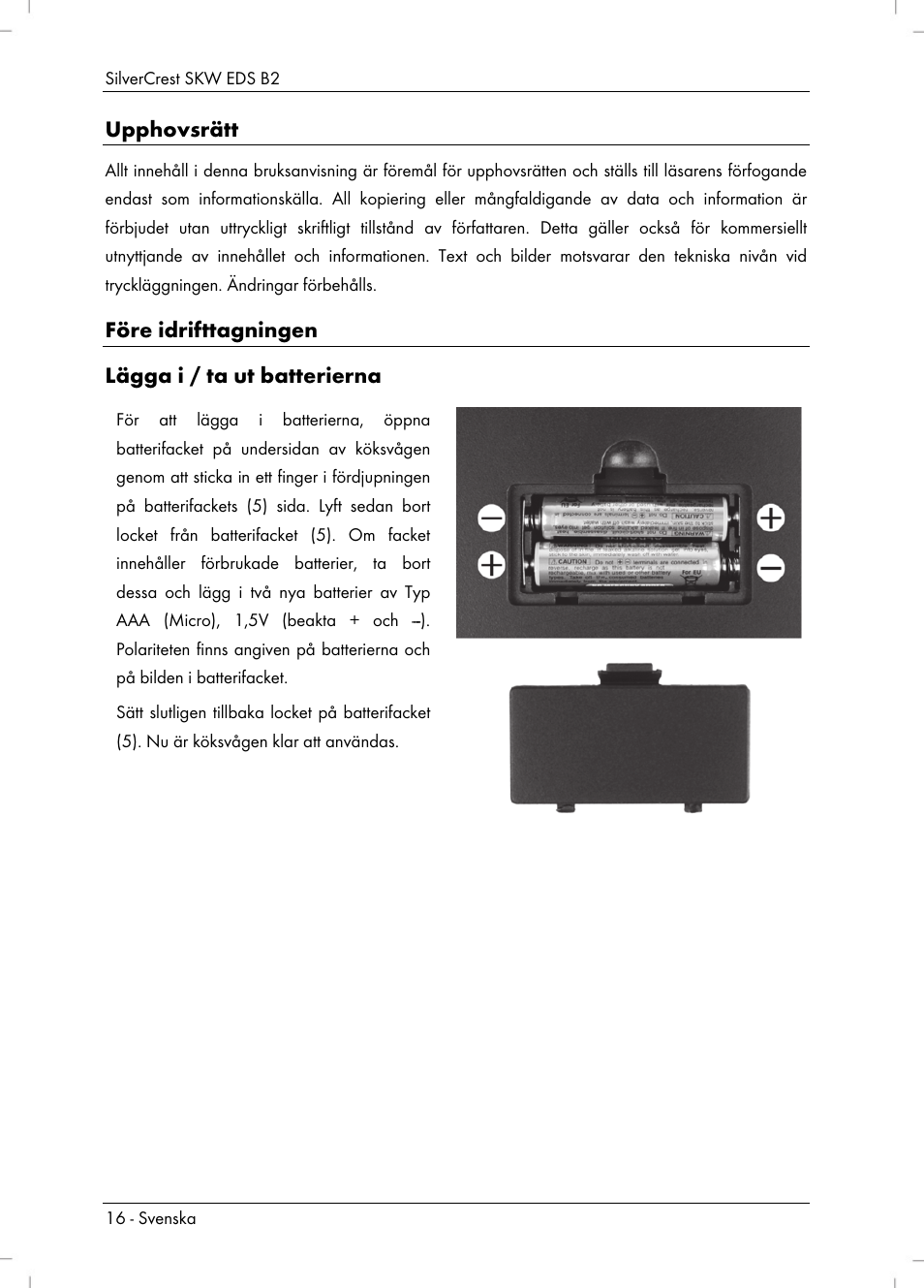 Upphovsrätt, Före idrifttagningen lägga i / ta ut batterierna | Silvercrest SKW EDS B2 User Manual | Page 18 / 54