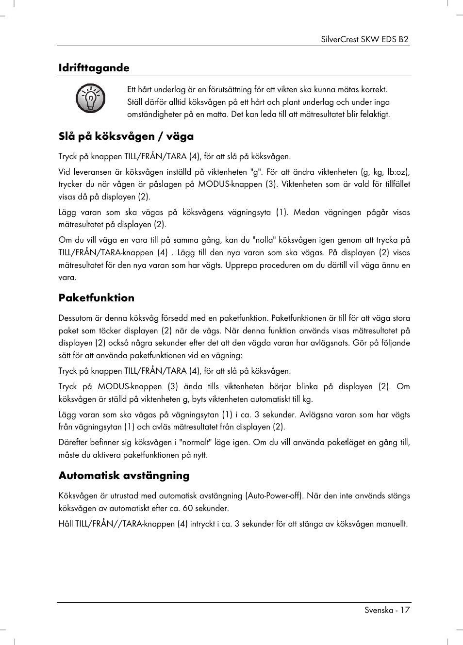 Idrifttagande, Slå på köksvågen / väga, Paketfunktion | Automatisk avstängning | Silvercrest SKW EDS B2 User Manual | Page 19 / 54