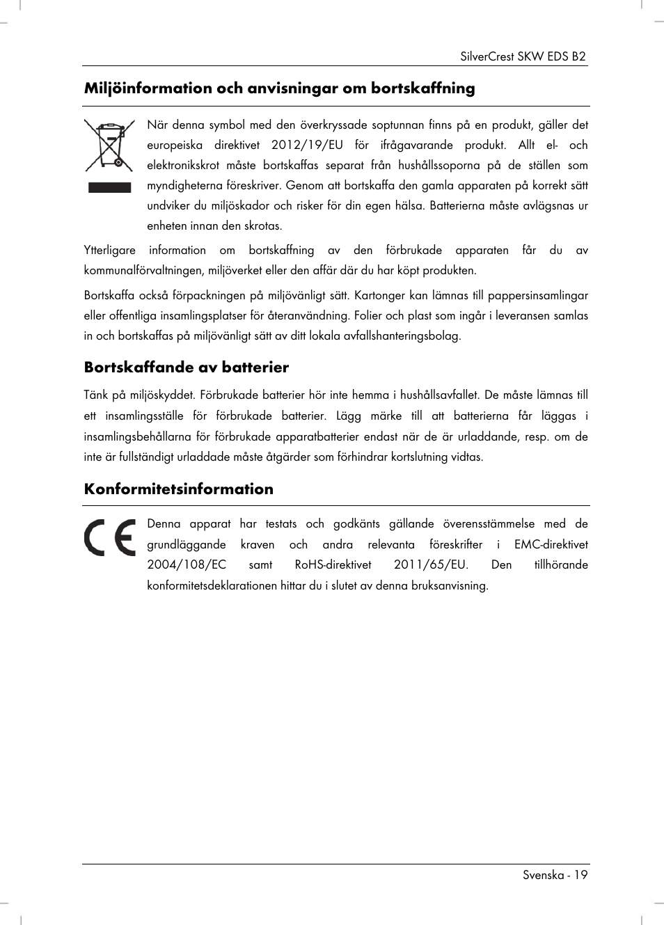 Miljöinformation och anvisningar om bortskaffning, Bortskaffande av batterier, Konformitetsinformation | Silvercrest SKW EDS B2 User Manual | Page 21 / 54