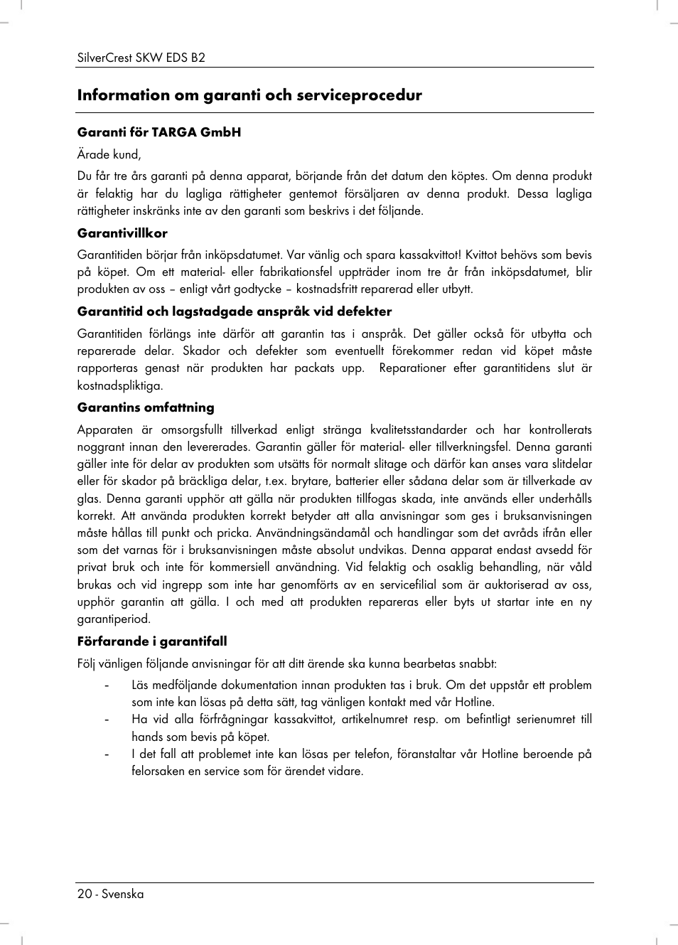 Information om garanti och serviceprocedur | Silvercrest SKW EDS B2 User Manual | Page 22 / 54