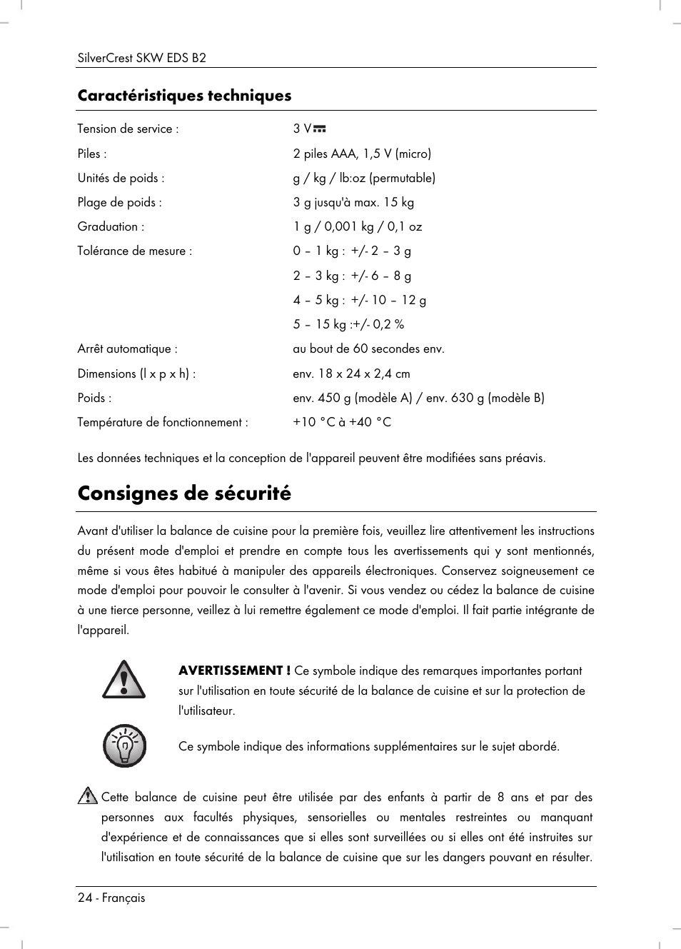 Consignes de sécurité, Caractéristiques techniques | Silvercrest SKW EDS B2 User Manual | Page 26 / 54