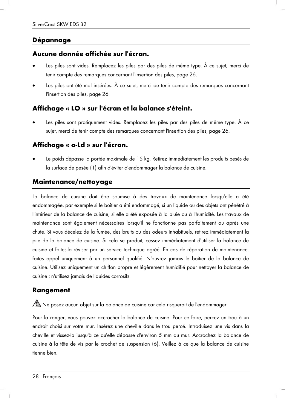 Dépannage aucune donnée affichée sur l'écran, Affichage « o-ld » sur l'écran, Maintenance/nettoyage | Rangement | Silvercrest SKW EDS B2 User Manual | Page 30 / 54