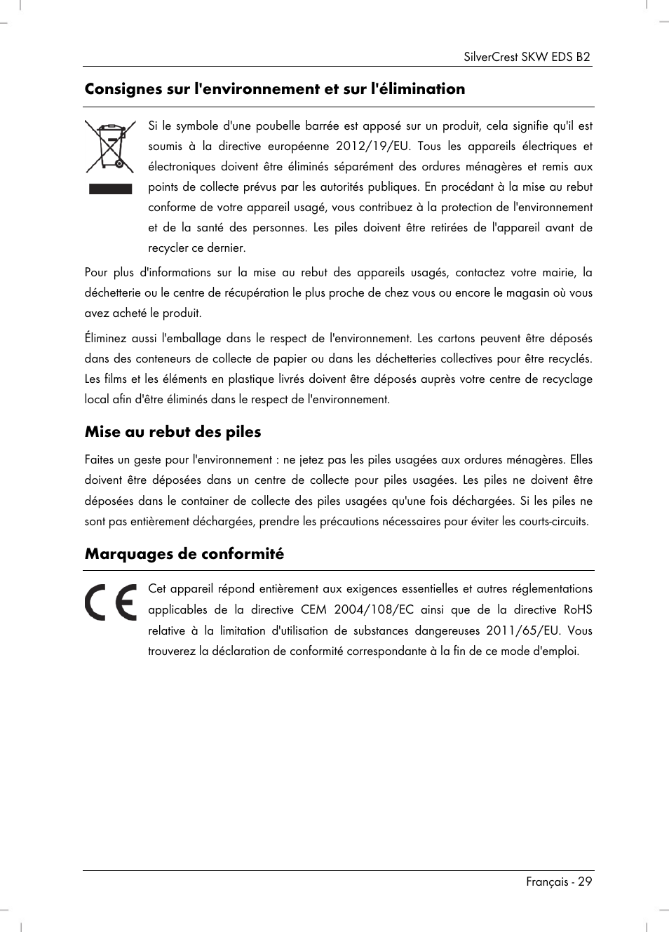Consignes sur l'environnement et sur l'élimination, Mise au rebut des piles, Marquages de conformité | Silvercrest SKW EDS B2 User Manual | Page 31 / 54