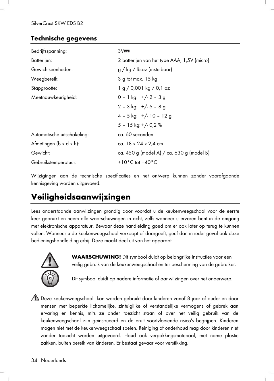 Veiligheidsaanwijzingen, Technische gegevens | Silvercrest SKW EDS B2 User Manual | Page 36 / 54