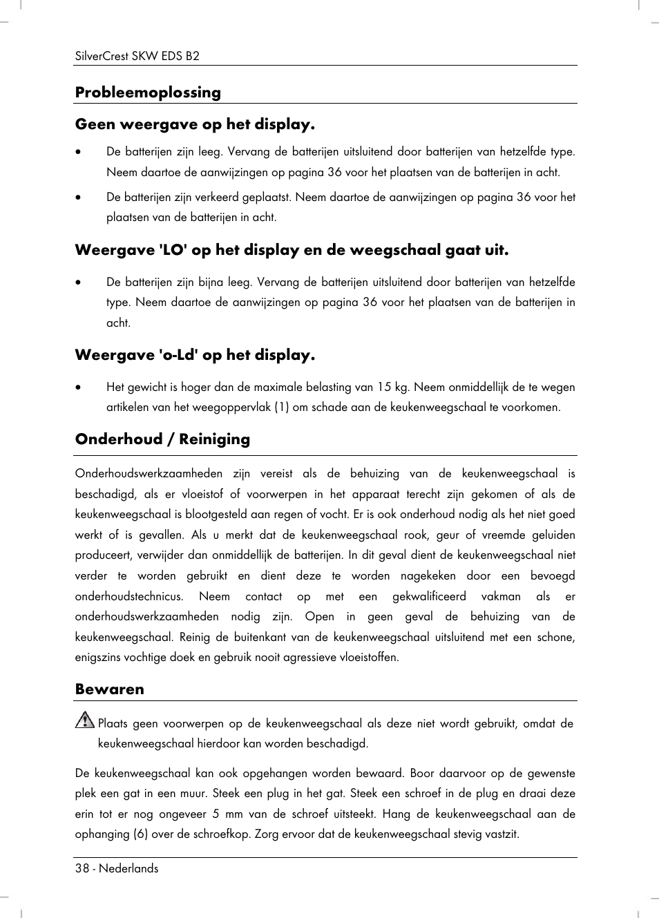 Probleemoplossing geen weergave op het display, Weergave 'o-ld' op het display, Onderhoud / reiniging | Bewaren | Silvercrest SKW EDS B2 User Manual | Page 40 / 54