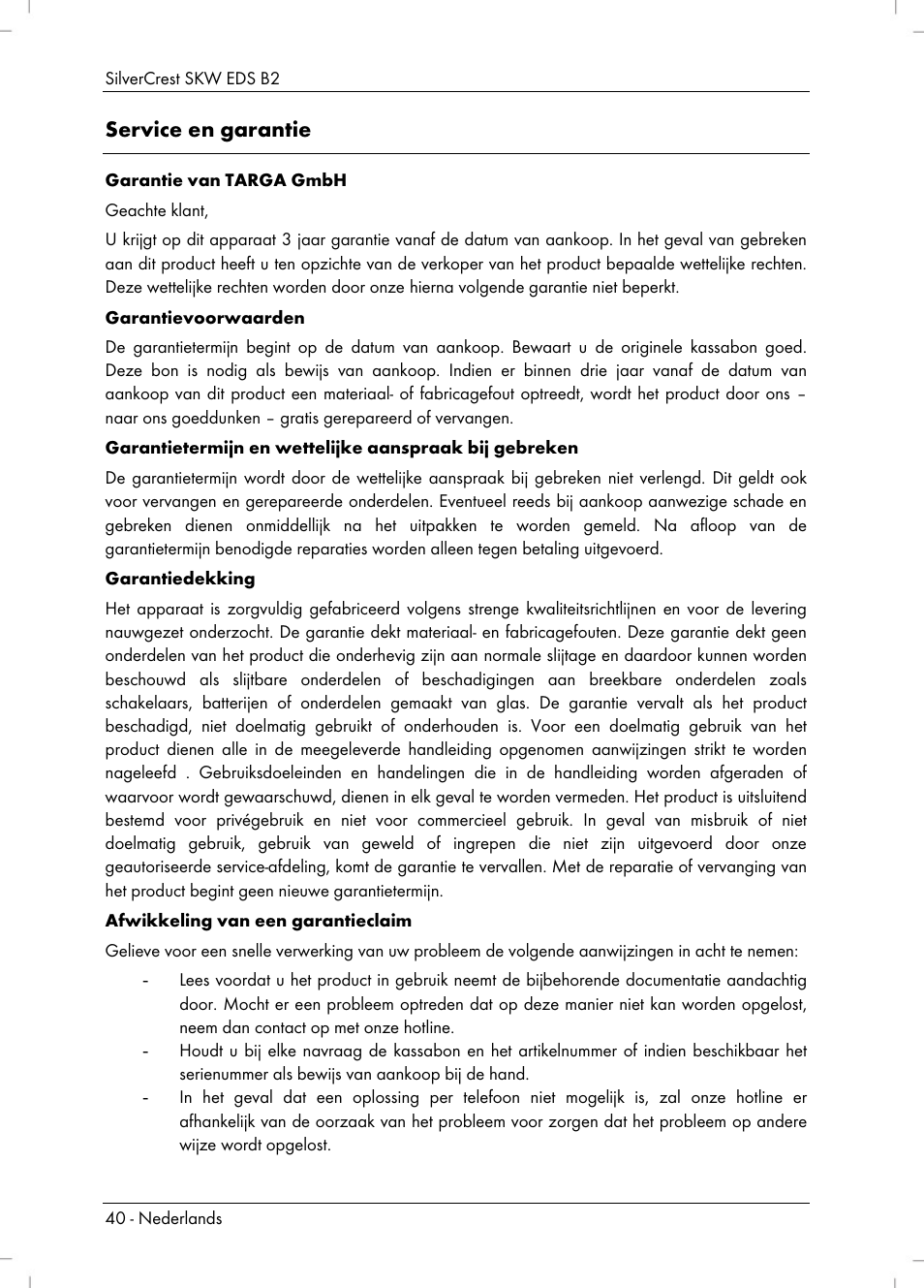 Service en garantie | Silvercrest SKW EDS B2 User Manual | Page 42 / 54