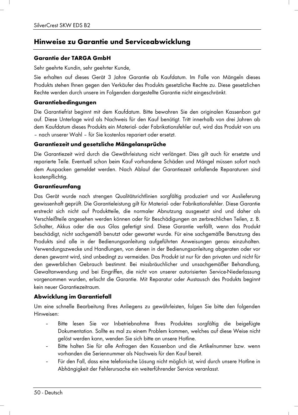 Hinweise zu garantie und serviceabwicklung | Silvercrest SKW EDS B2 User Manual | Page 52 / 54