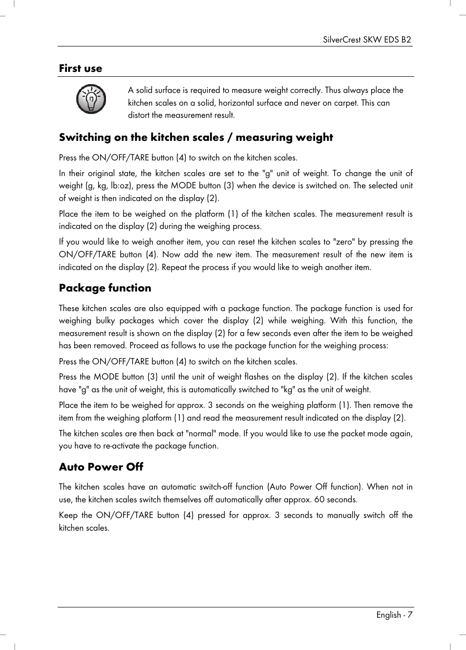 First use, Switching on the kitchen scales / measuring weight, Package function | Auto power off | Silvercrest SKW EDS B2 User Manual | Page 9 / 54