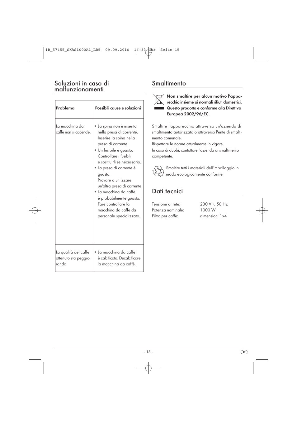 Soluzioni in caso di malfunzionamenti, Smaltimento, Dati tecnici | Silvercrest SKAS 1000 A1 User Manual | Page 17 / 42
