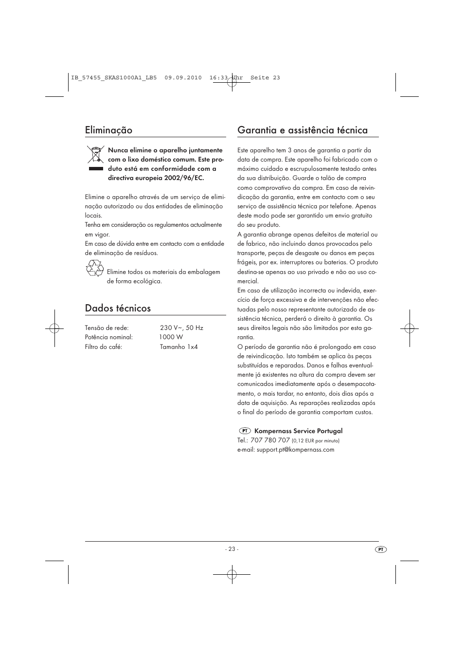 Eliminação, Dados técnicos, Garantia e assistência técnica | Silvercrest SKAS 1000 A1 User Manual | Page 25 / 42