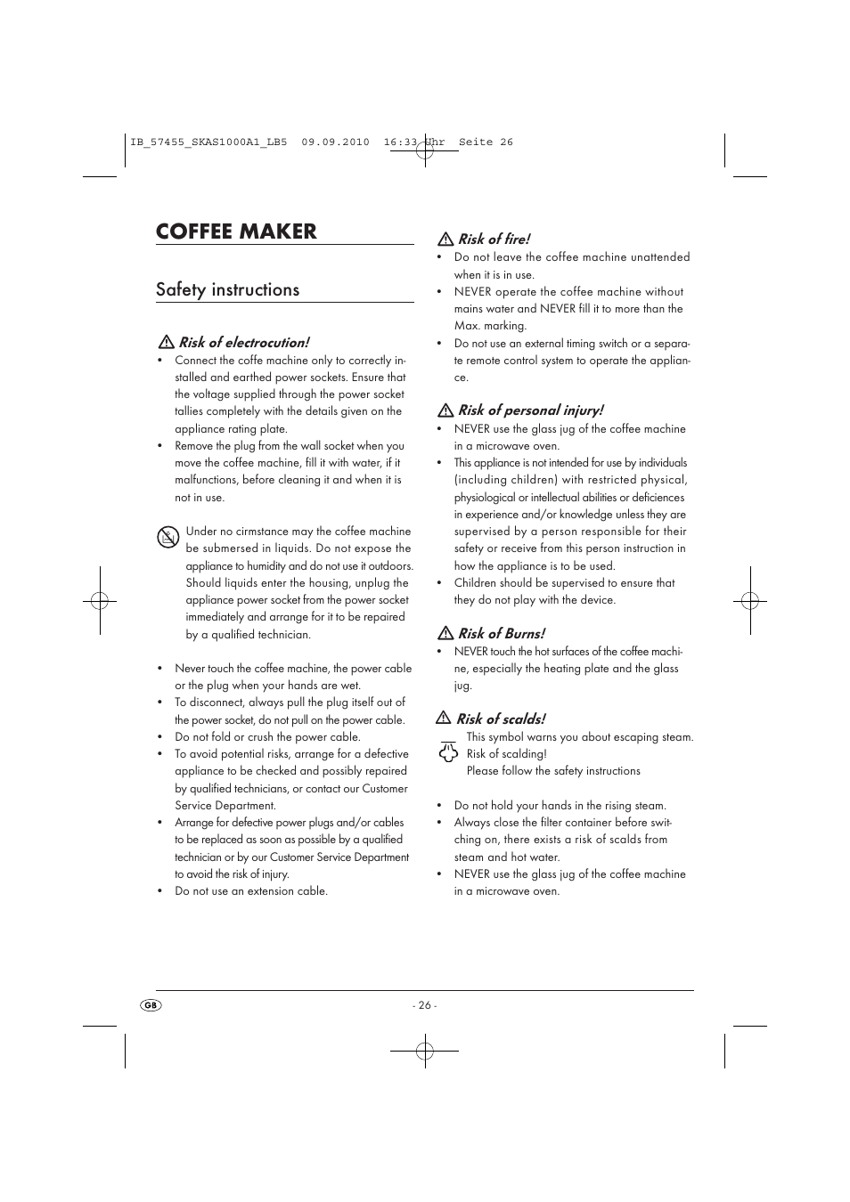 Coffee maker, Safety instructions, Risk of electrocution | Risk of fire, Risk of personal injury, Risk of burns, Risk of scalds | Silvercrest SKAS 1000 A1 User Manual | Page 28 / 42