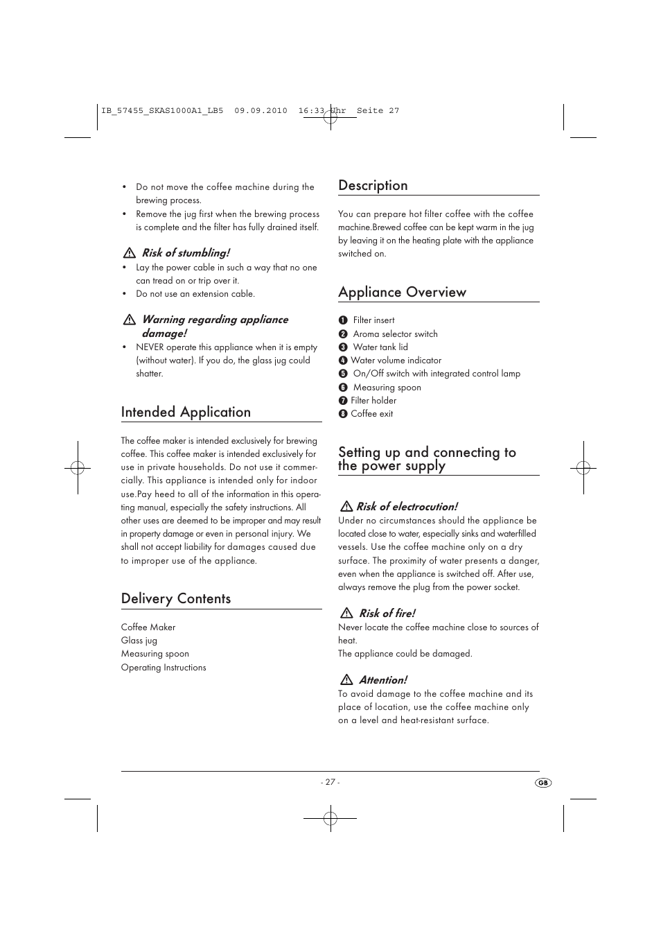 Intended application, Delivery contents, Description | Appliance overview, Setting up and connecting to the power supply | Silvercrest SKAS 1000 A1 User Manual | Page 29 / 42