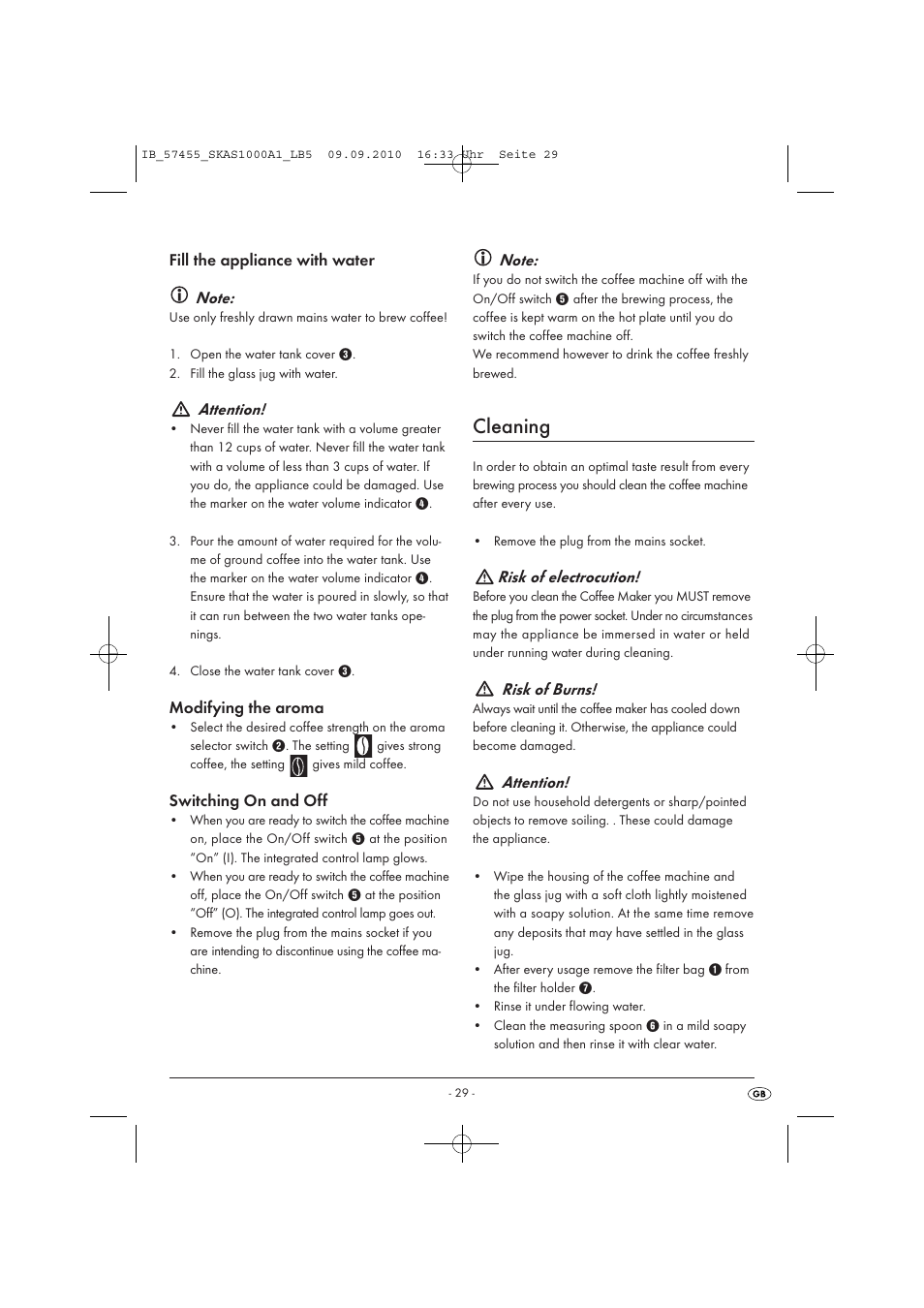 Cleaning, Attention, Modifying the aroma | Switching on and off, Risk of electrocution, Risk of burns | Silvercrest SKAS 1000 A1 User Manual | Page 31 / 42