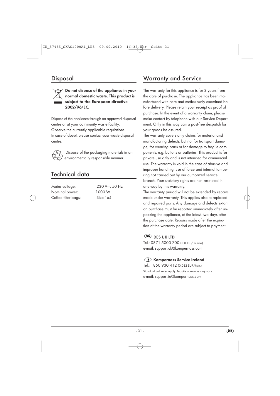 Disposal, Technical data, Warranty and service | Silvercrest SKAS 1000 A1 User Manual | Page 33 / 42
