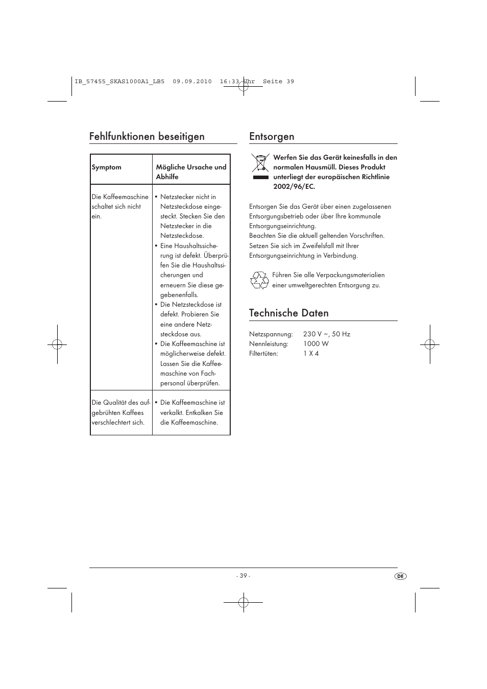 Fehlfunktionen beseitigen, Entsorgen, Technische daten | Silvercrest SKAS 1000 A1 User Manual | Page 41 / 42