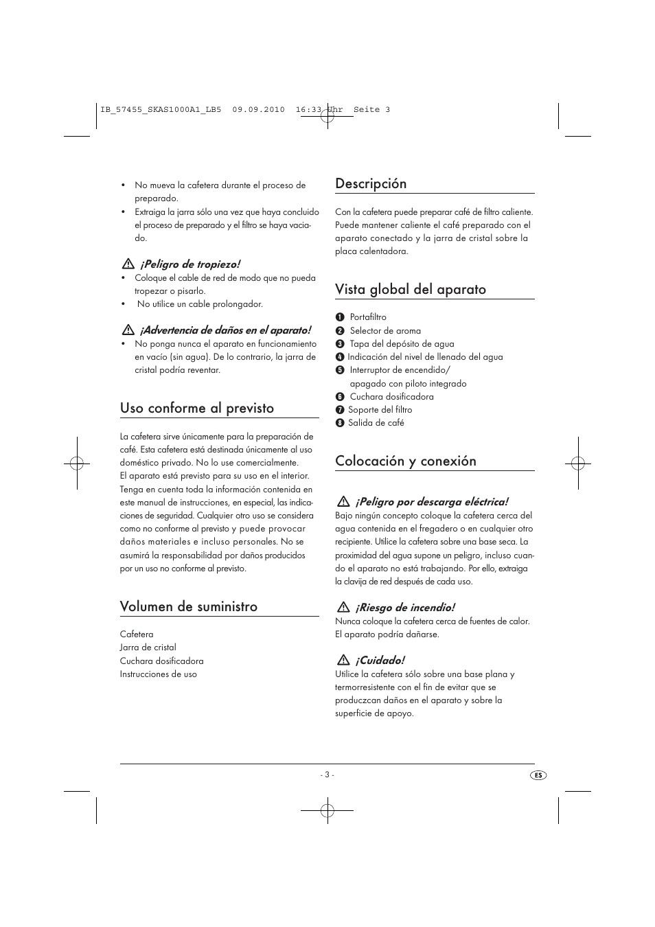 Uso conforme al previsto, Volumen de suministro, Descripción | Vista global del aparato, Colocación y conexión | Silvercrest SKAS 1000 A1 User Manual | Page 5 / 42