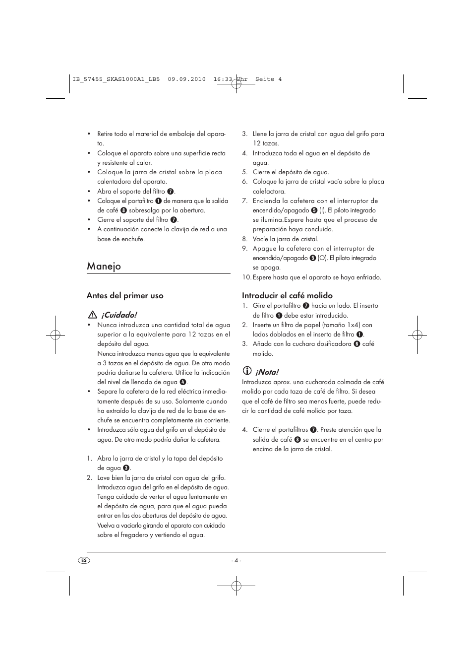 Manejo, Antes del primer uso ¡cuidado, Introducir el café molido | Nota | Silvercrest SKAS 1000 A1 User Manual | Page 6 / 42