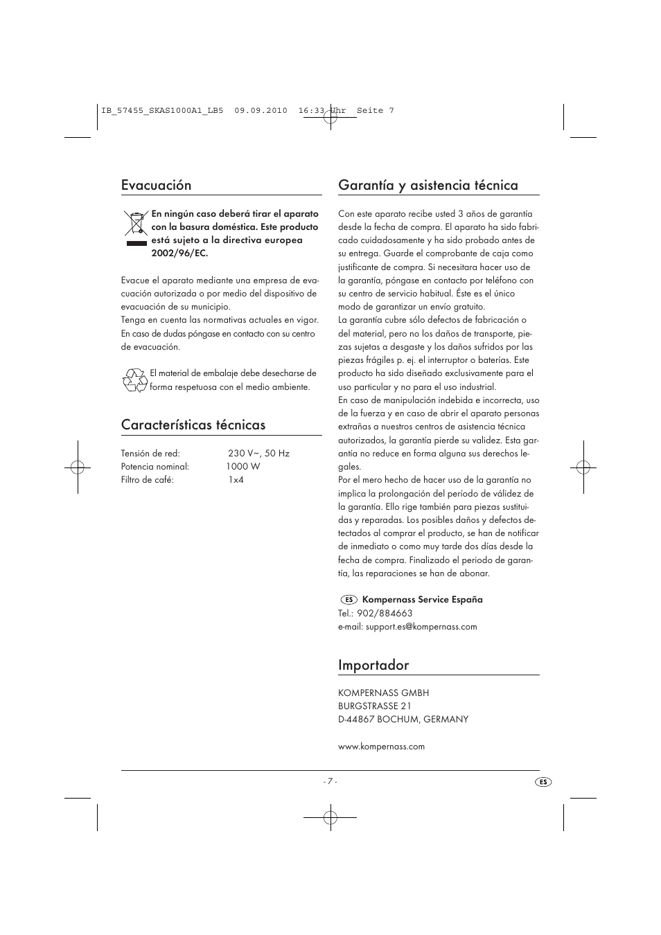 Evacuación, Características técnicas, Garantía y asistencia técnica | Importador | Silvercrest SKAS 1000 A1 User Manual | Page 9 / 42