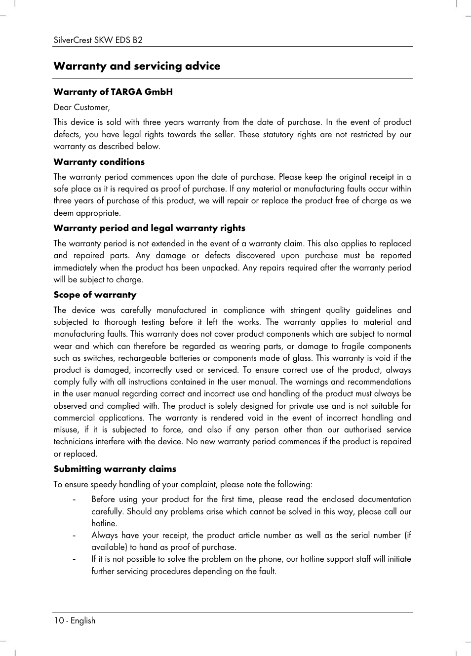 Warranty and servicing advice | Silvercrest SKW EDS B2 User Manual | Page 12 / 54