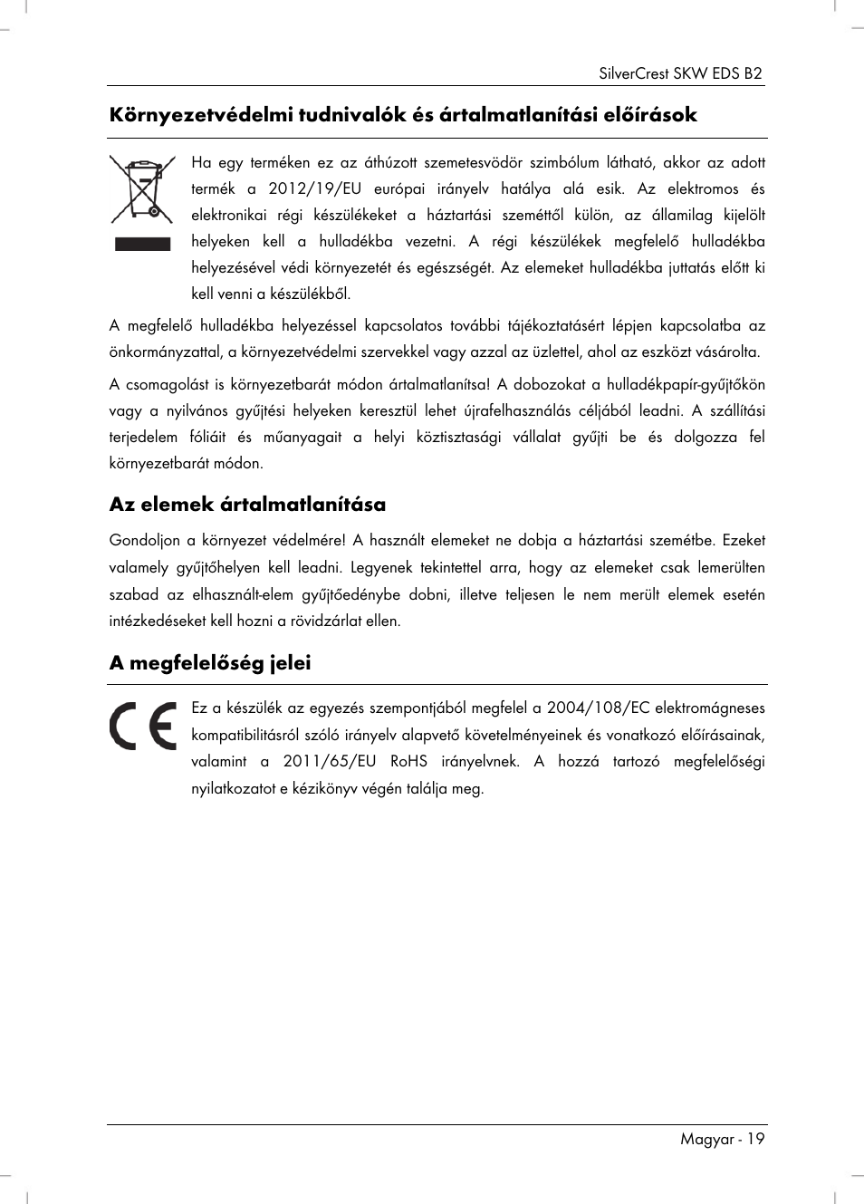 Az elemek ártalmatlanítása, A megfelelőség jelei | Silvercrest SKW EDS B2 User Manual | Page 21 / 54