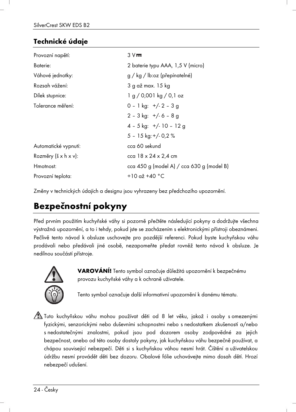 Bezpečnostní pokyny, Technické údaje | Silvercrest SKW EDS B2 User Manual | Page 26 / 54
