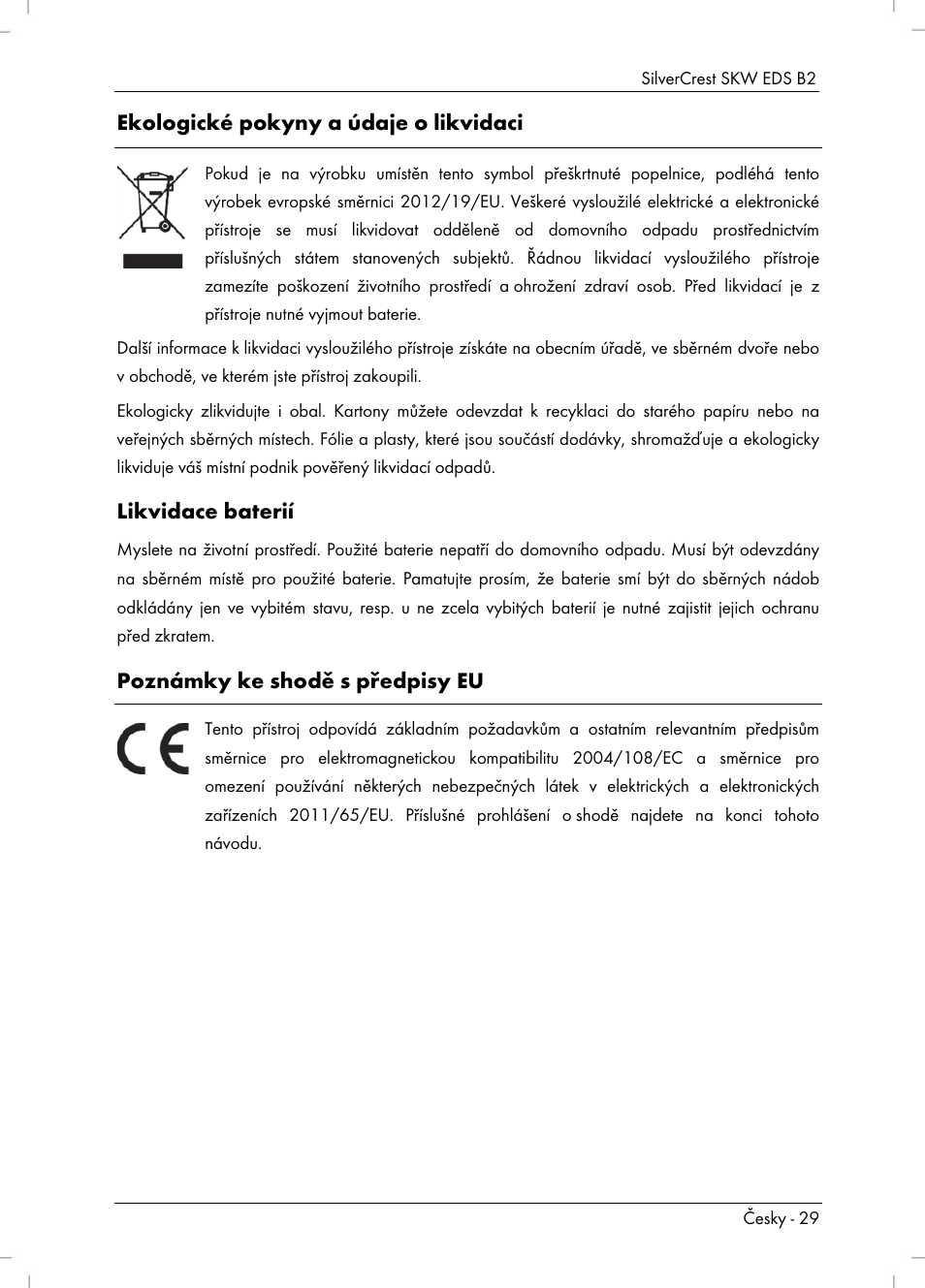 Ekologické pokyny a údaje o likvidaci, Likvidace baterií, Poznámky ke shodě s předpisy eu | Silvercrest SKW EDS B2 User Manual | Page 31 / 54