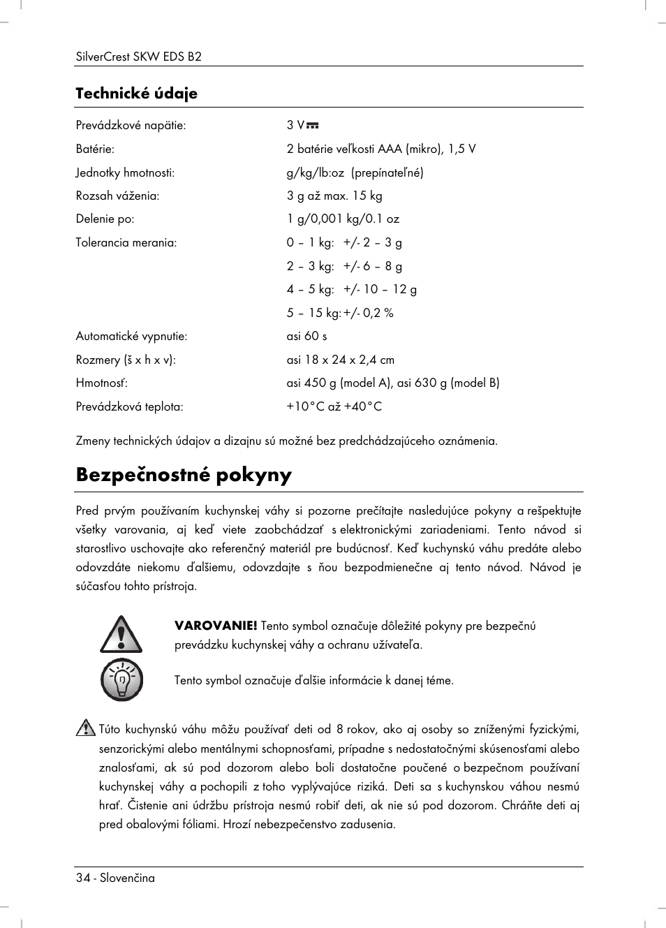 Bezpečnostné pokyny, Technické údaje | Silvercrest SKW EDS B2 User Manual | Page 36 / 54