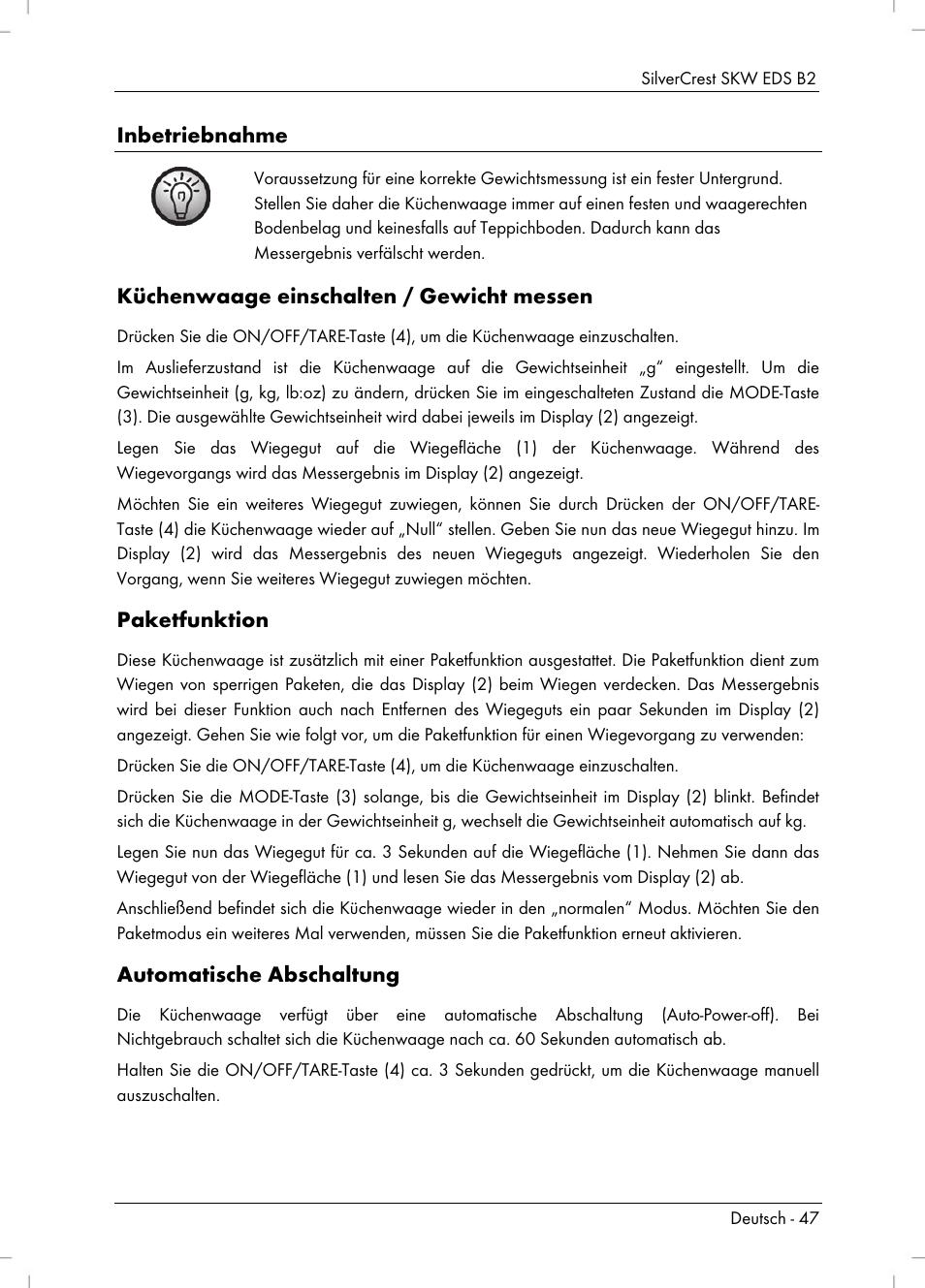 Inbetriebnahme, Küchenwaage einschalten / gewicht messen, Paketfunktion | Automatische abschaltung | Silvercrest SKW EDS B2 User Manual | Page 49 / 54