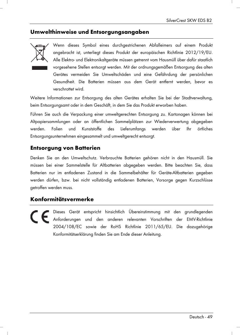 Umwelthinweise und entsorgungsangaben, Entsorgung von batterien, Konformitätsvermerke | Silvercrest SKW EDS B2 User Manual | Page 51 / 54