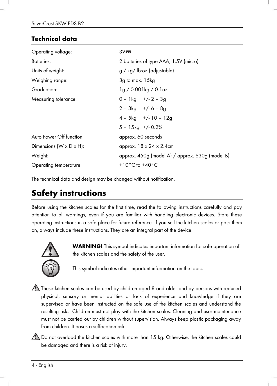 Safety instructions, Technical data | Silvercrest SKW EDS B2 User Manual | Page 6 / 54