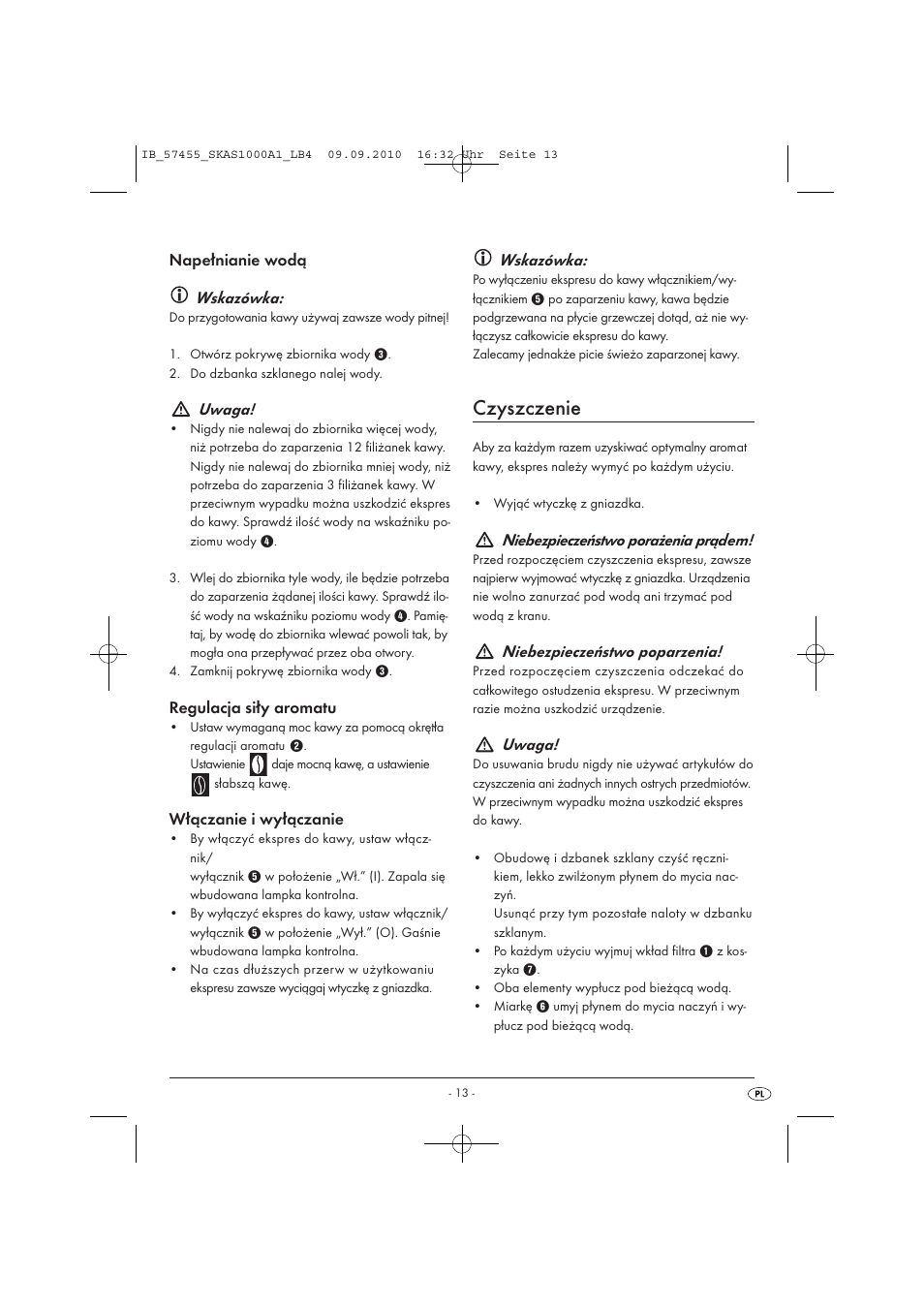 Czyszczenie, Napełnianie wodą wskazówka, Uwaga | Regulacja siły aromatu, Włączanie i wyłączanie, Wskazówka, Niebezpieczeństwo porażenia prądem, Niebezpieczeństwo poparzenia | Silvercrest SKAS 1000 A1 User Manual | Page 15 / 58