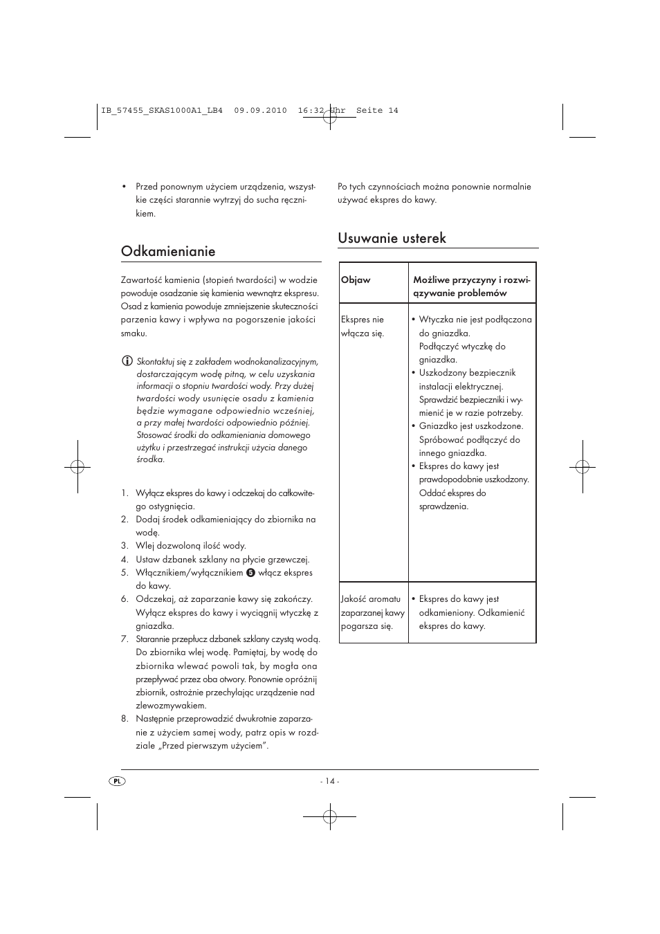 Odkamienianie, Usuwanie usterek | Silvercrest SKAS 1000 A1 User Manual | Page 16 / 58