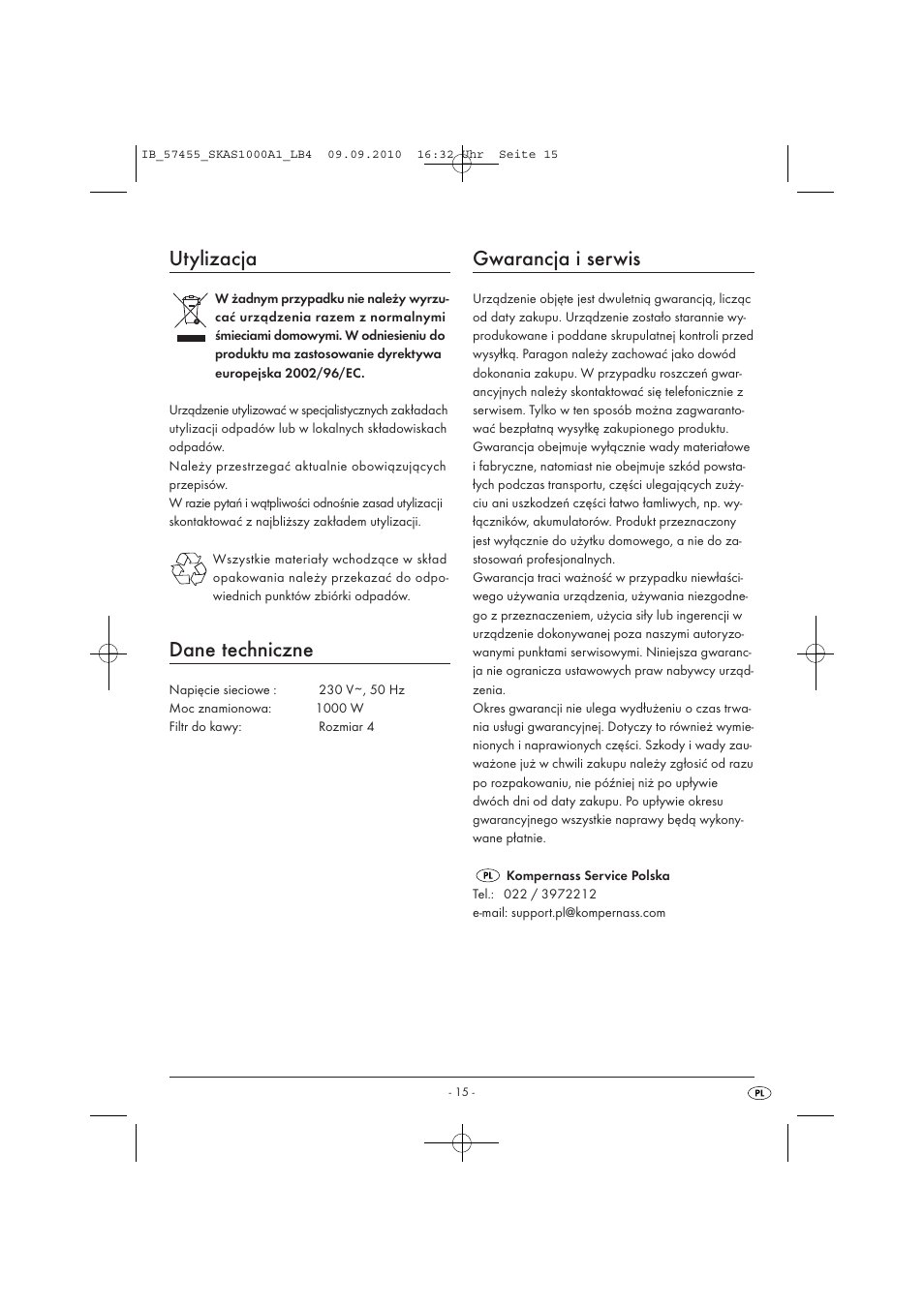 Utylizacja, Dane techniczne, Gwarancja i serwis | Silvercrest SKAS 1000 A1 User Manual | Page 17 / 58