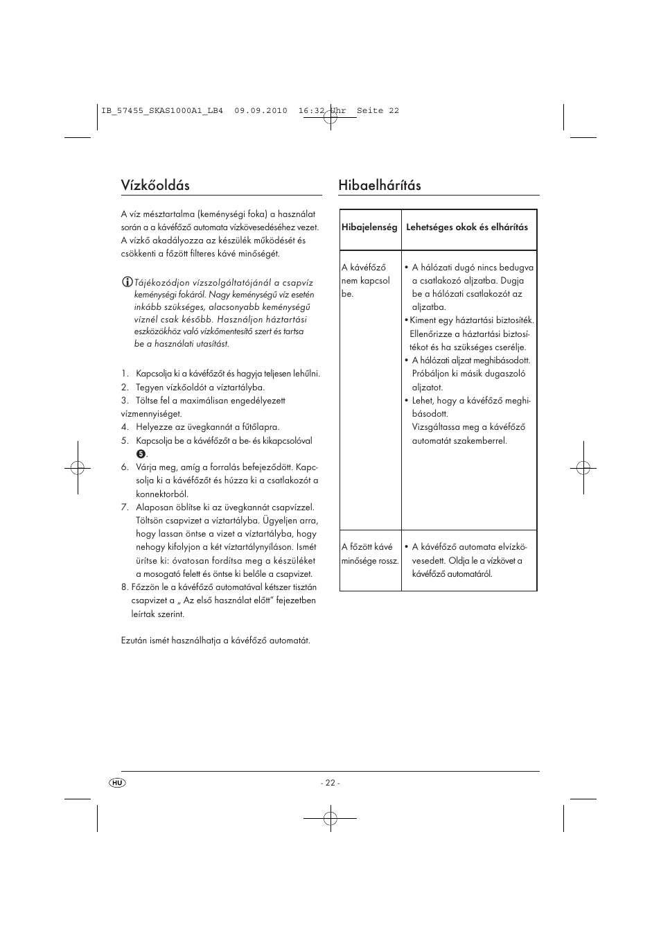 Vízkőoldás, Hibaelhárítás | Silvercrest SKAS 1000 A1 User Manual | Page 24 / 58